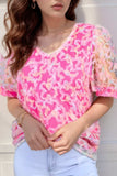 Bonbon Flowery Mesh Short Puff Sleeve Blouse - Trendsi - Flyclothing LLC