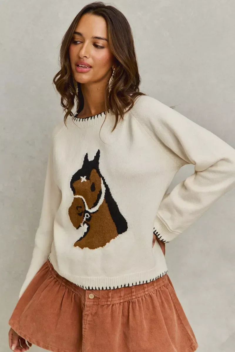 SO ME Horse Knit Sweater Top with Blanket Stitch - Trendsi - Flyclothing LLC