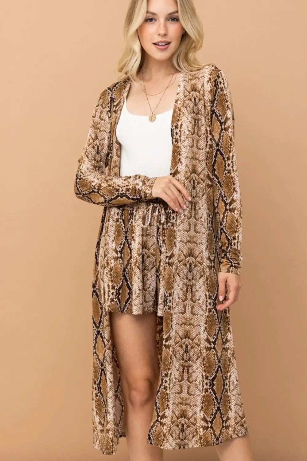 And The Why Snake Print Kimono Open Front Longline Cardigan - Trendsi - Flyclothing LLC