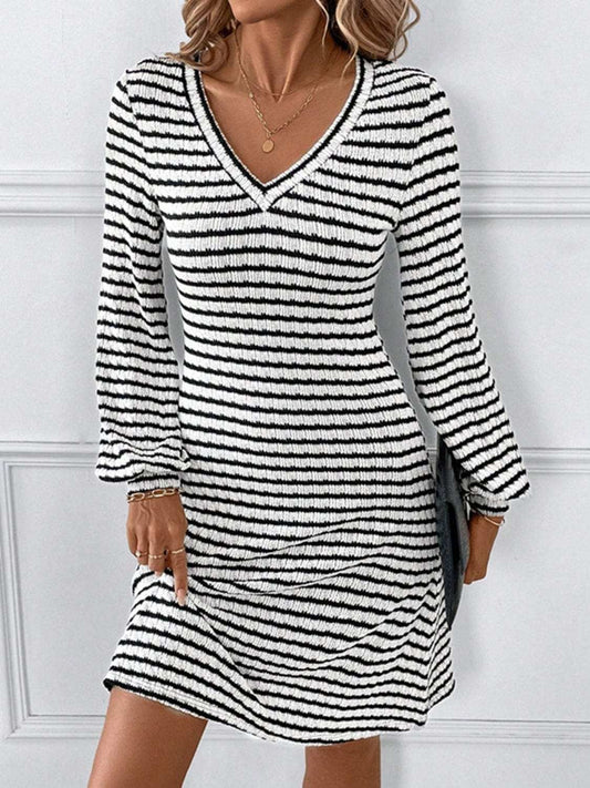 Striped V-Neck Long Sleeve Dress - Trendsi - Flyclothing LLC