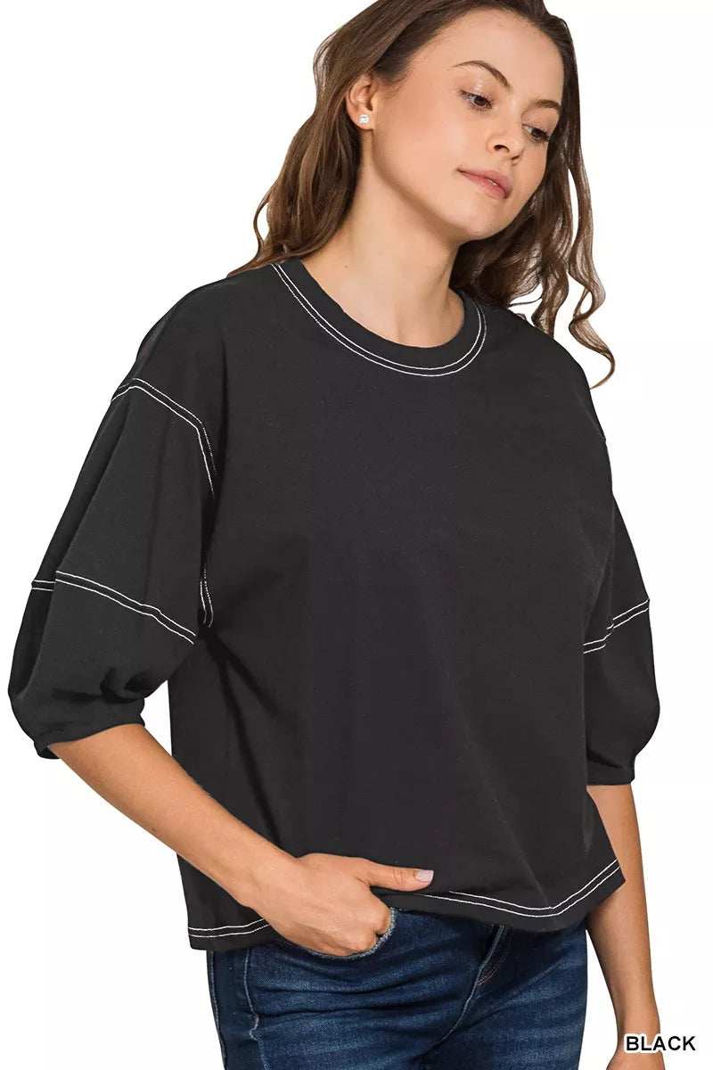 Zenana Balloon Sleeve Top with Contrast Stitching - Trendsi - Flyclothing LLC