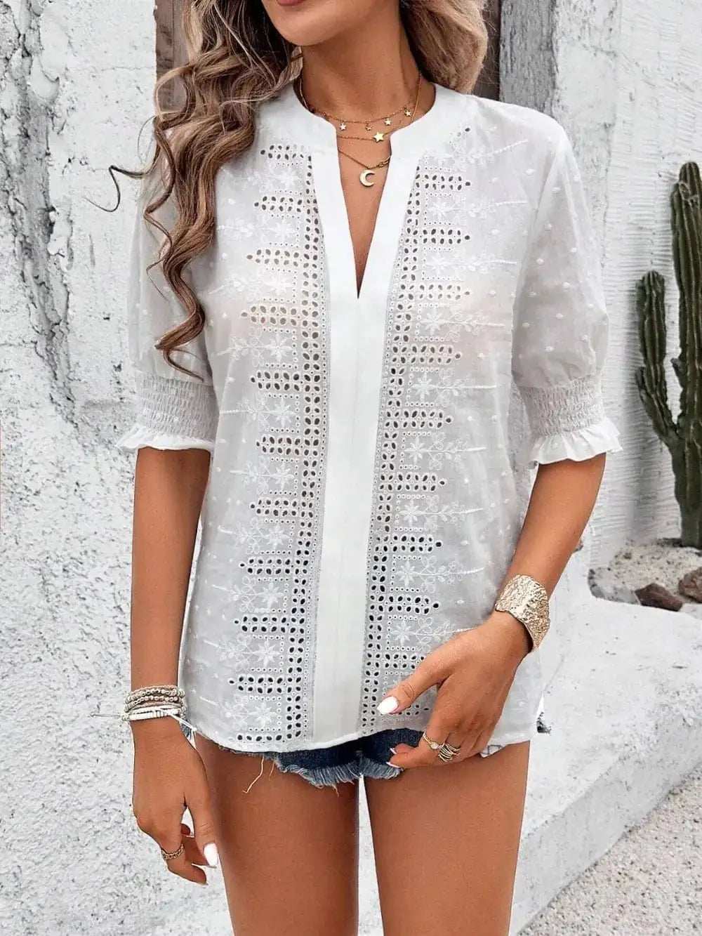 Eyelet Notched Flounce Sleeve Blouse - Trendsi - Flyclothing LLC