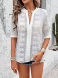 Eyelet Notched Flounce Sleeve Blouse - Trendsi - Flyclothing LLC