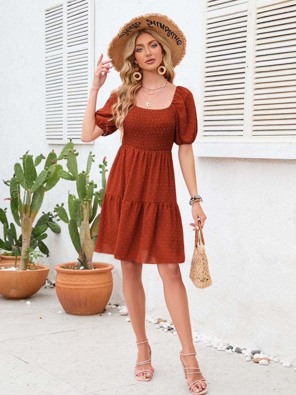 Swiss Dot Smocked Square Neck Dress - Trendsi - Flyclothing LLC