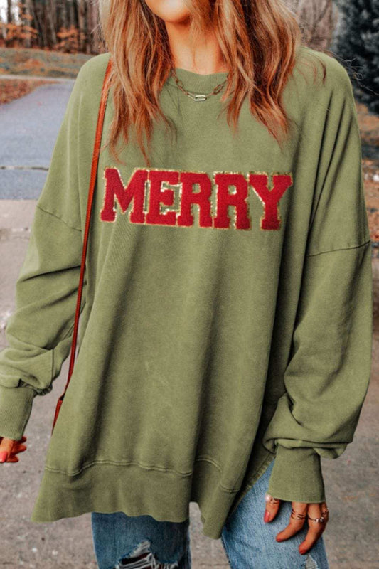 MERRY Side Slit Long Sleeve Sweatshirt - Trendsi - Flyclothing LLC
