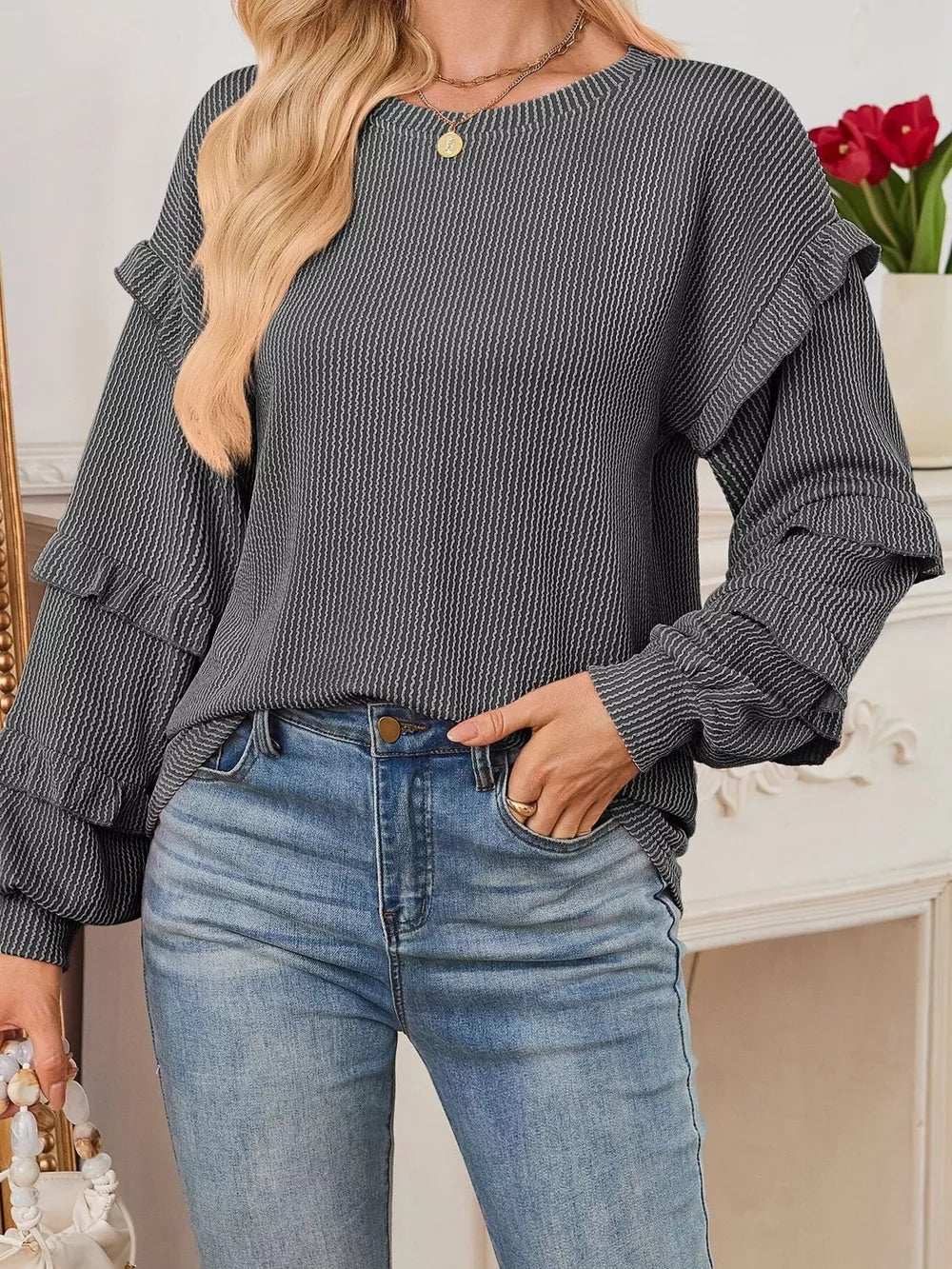 Round Neck Ruffled Long Sleeve Sweatshirt - Trendsi - Flyclothing LLC