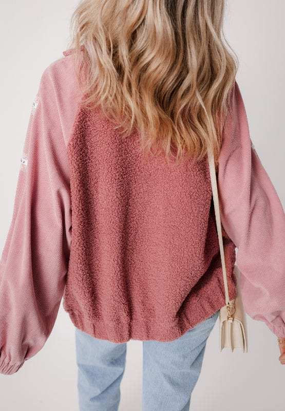 Lace Detail Zip Up Sherpa Patchwork Jacket - Trendsi - Flyclothing LLC