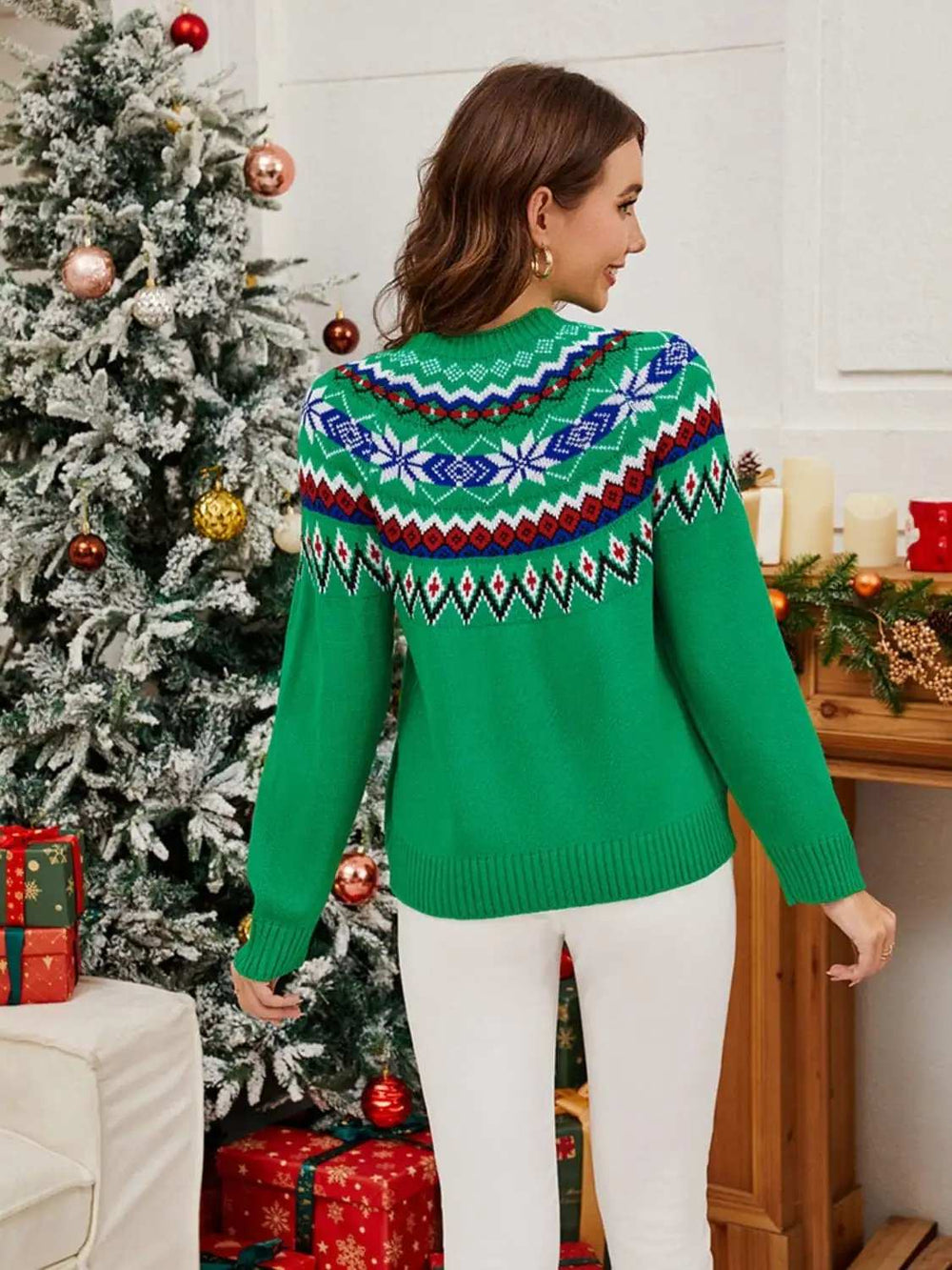 Geometric Round Neck Long Sleeve Sweater - Trendsi - Flyclothing LLC