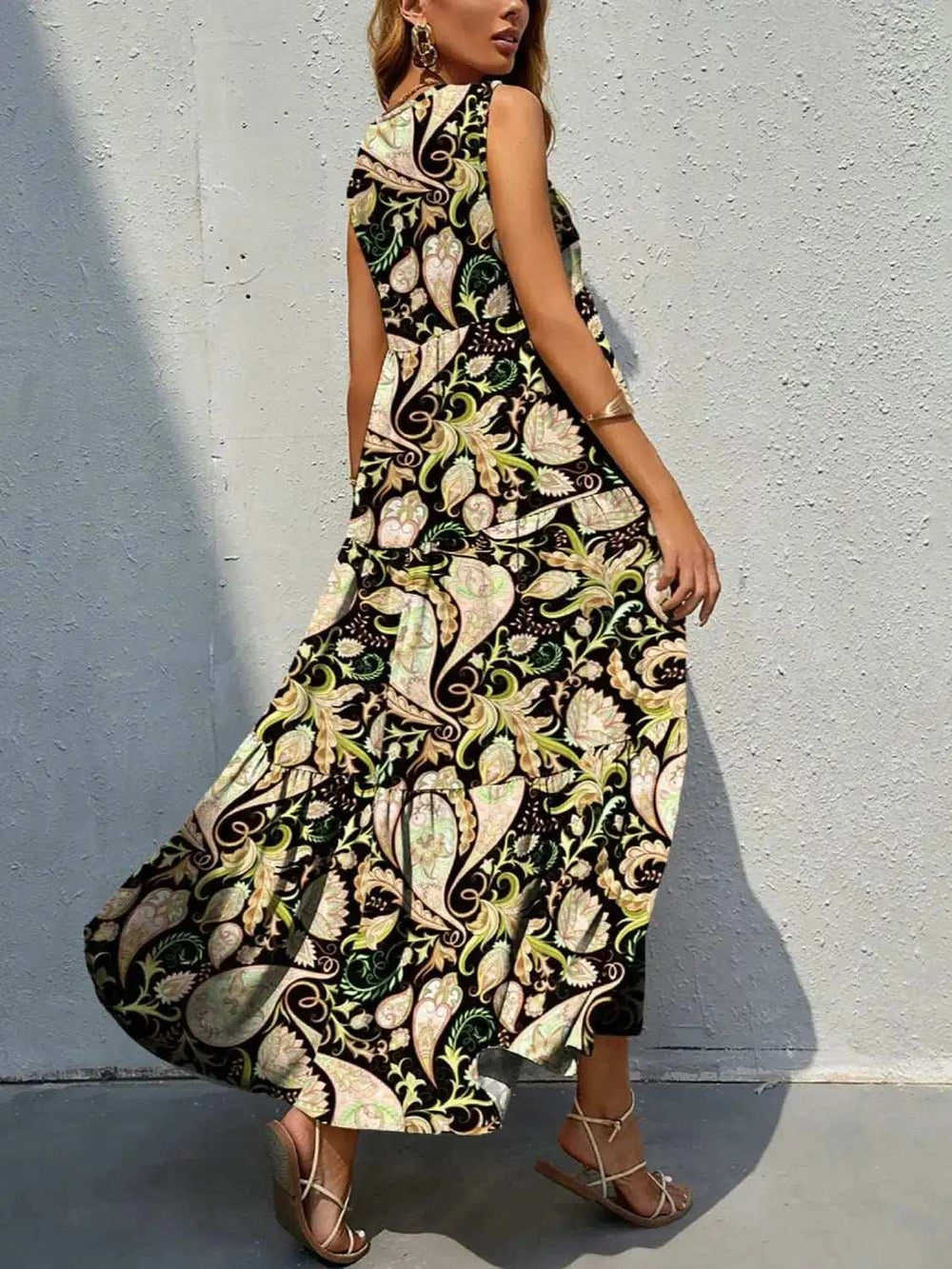 Printed V-Neck Tiered Maxi Tank Dress - Trendsi - Flyclothing LLC