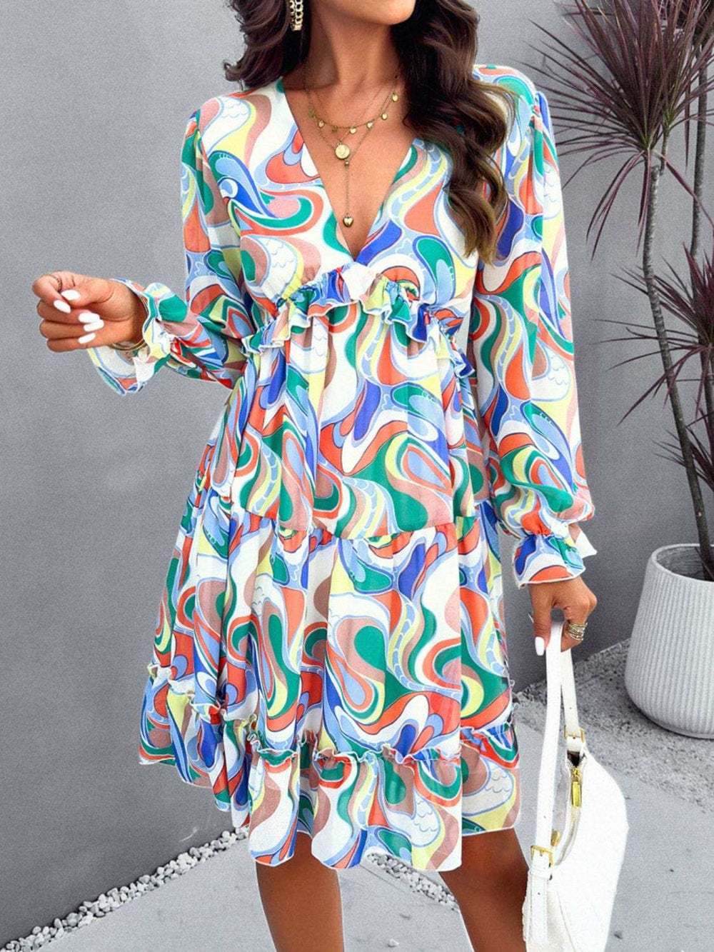 Backless Printed V-Neck Flounce Sleeve Dress - Trendsi - Flyclothing LLC