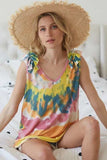 BiBi Circular Tie Dye Knit V Neck Top With Ruffle - Trendsi - Flyclothing LLC