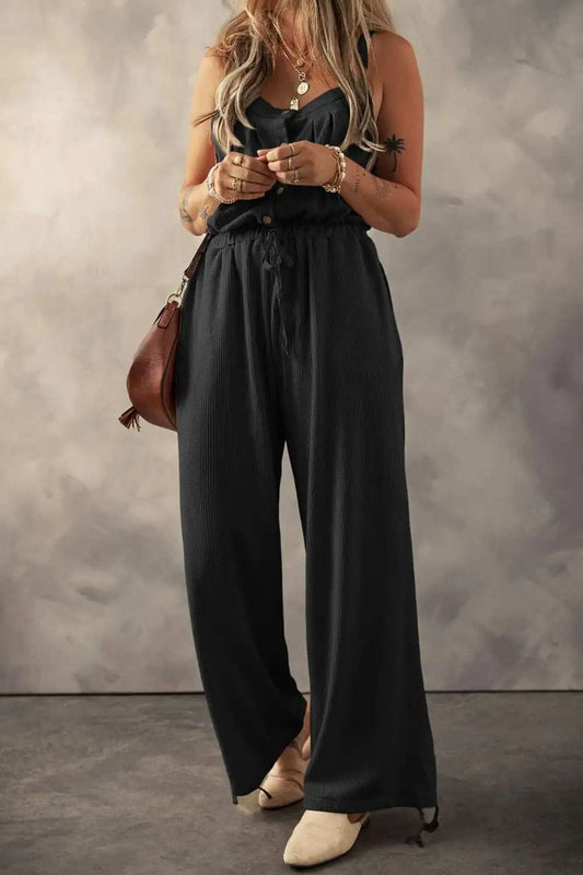 Knotted Straps Button Textured Drawstring Jumpsuit - Trendsi - Flyclothing LLC