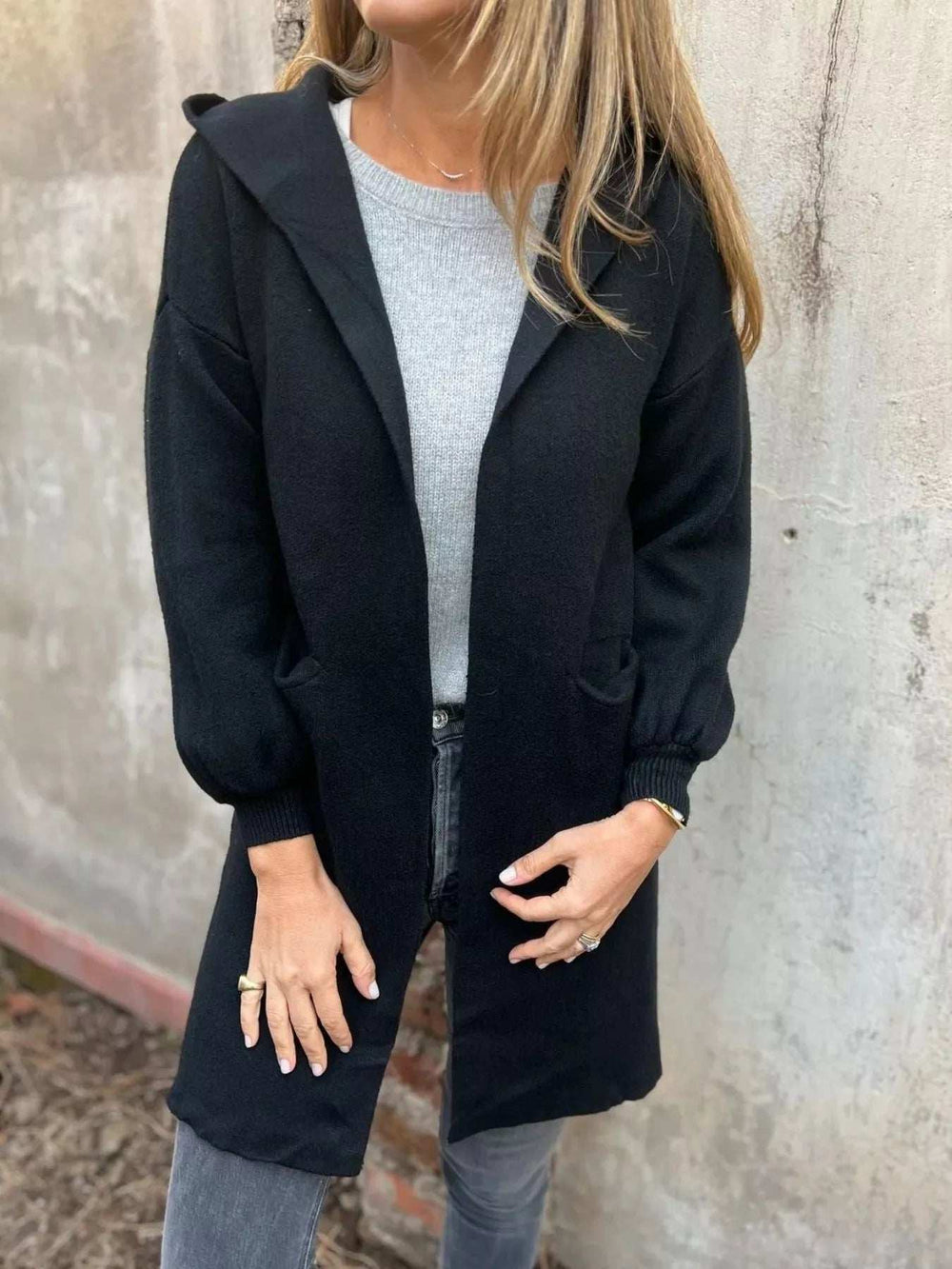 Full Size Open Front Drop Shoulder Hooded Cardigan Plus Size - Trendsi - Flyclothing LLC