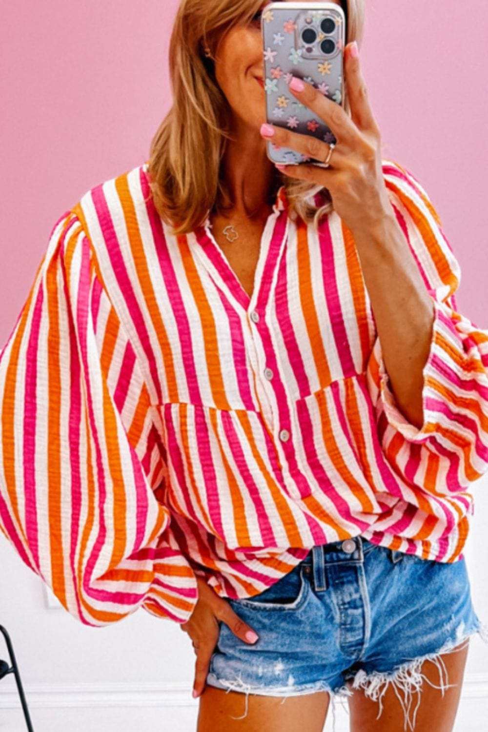 Striped Notched Flounce Sleeve Blouse - Trendsi - Flyclothing LLC