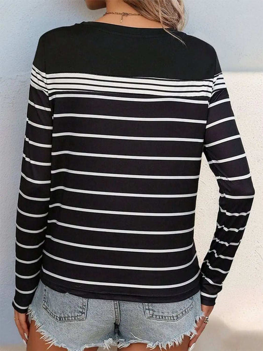 Striped Round Neck Long Sleeve T-Shirt - Trendsi - Flyclothing LLC