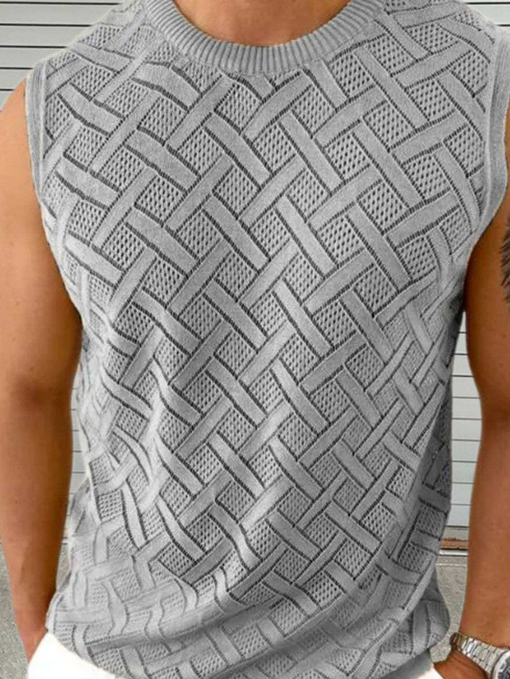 Men's Round Neck Sleeveless Eyelet Knit Top - Trendsi - Flyclothing LLC