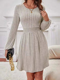 Smocked Round Neck Long Sleeve Knee Length Dress - Trendsi - Flyclothing LLC
