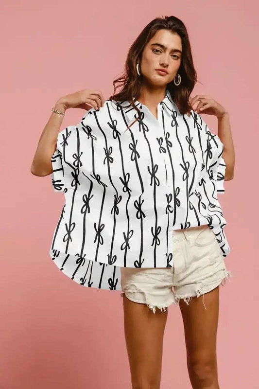 BiBi Bow Ribbon Woven Printed Button Down Shirt - Trendsi - Flyclothing LLC