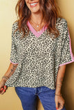 Contrast V Neck Varsity Short Sleeve Leopard Top - Trendsi - Flyclothing LLC