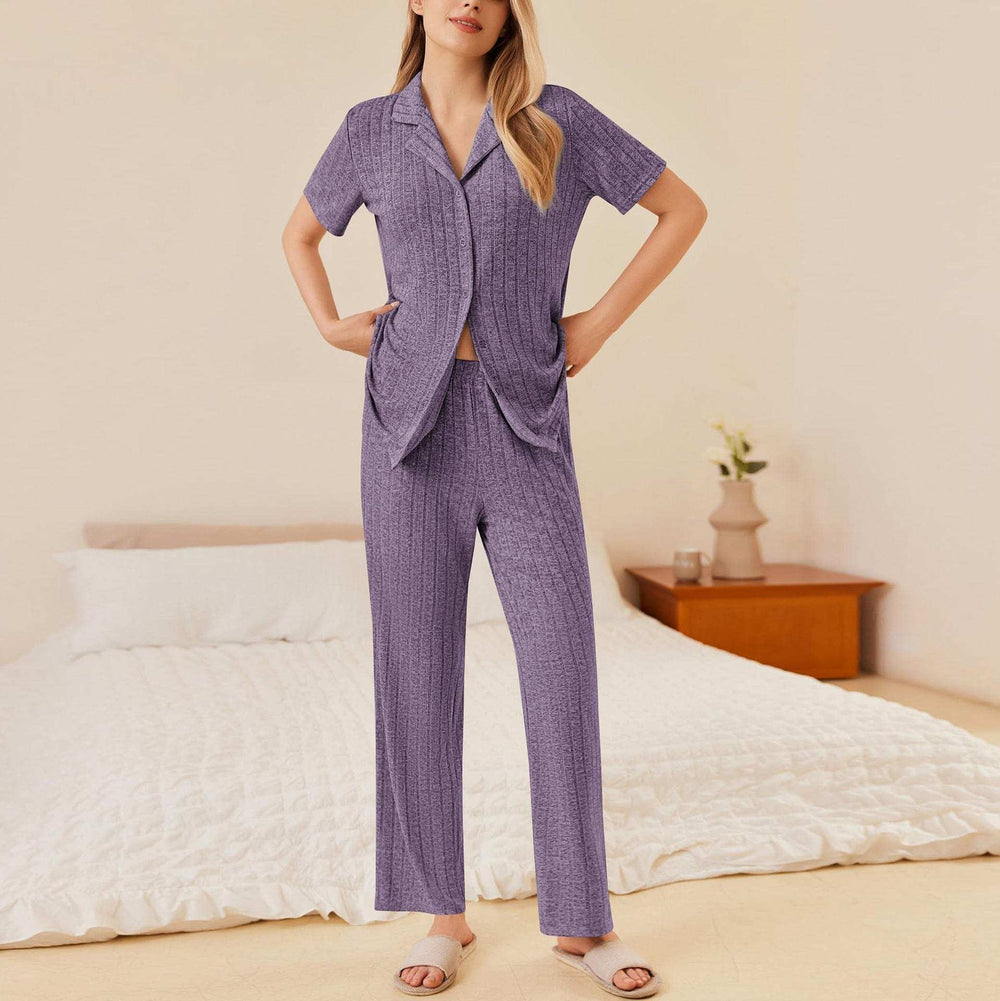 Button Down Long Sleeve Top and Pants Lounge Set - Trendsi - Flyclothing LLC
