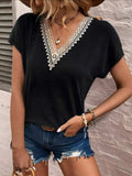 Full Size Lace Detail V-Neck Short Sleeve T-Shirt - Trendsi - Flyclothing LLC
