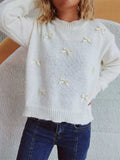 Bow Trim Round Neck Long Sleeve Sweater - Trendsi - Flyclothing LLC