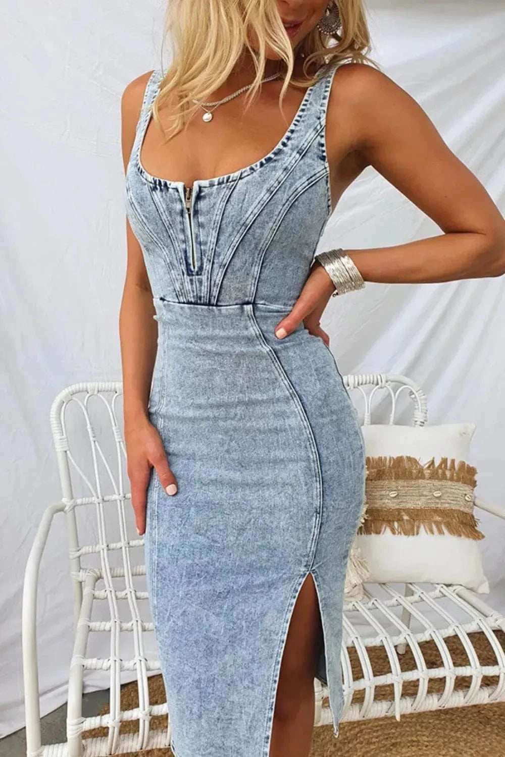 Side Slit Washed Scoop Neck Denim Dress - Trendsi - Flyclothing LLC