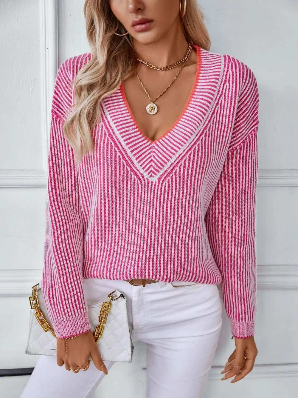 Striped V-Neck Long Sleeve Sweater - Trendsi - Flyclothing LLC