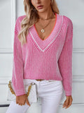 Striped V-Neck Long Sleeve Sweater - Trendsi - Flyclothing LLC