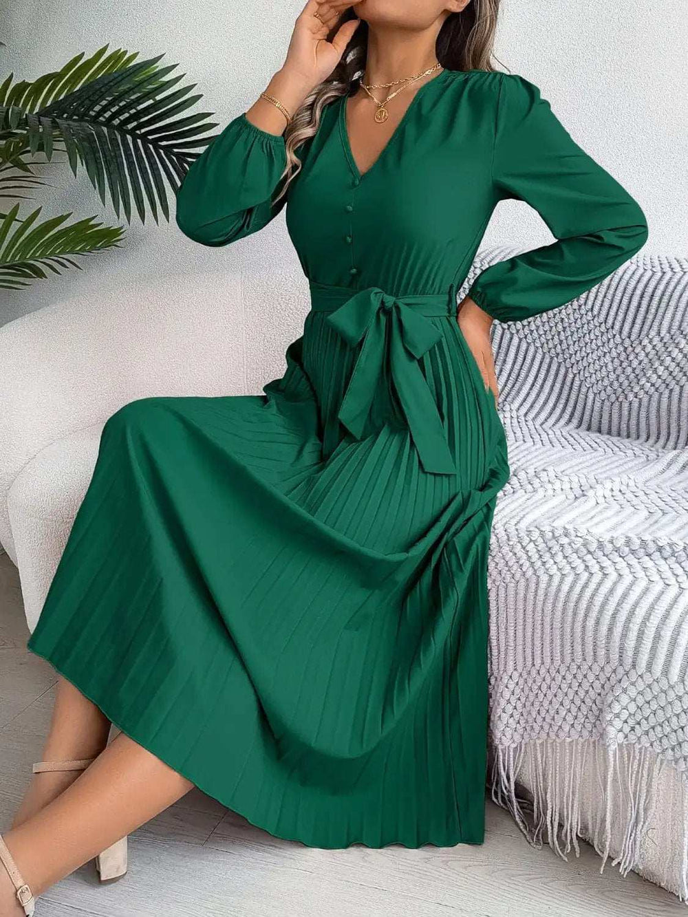 Pleated Tied V-Neck Long Sleeve Dress - Trendsi - Flyclothing LLC