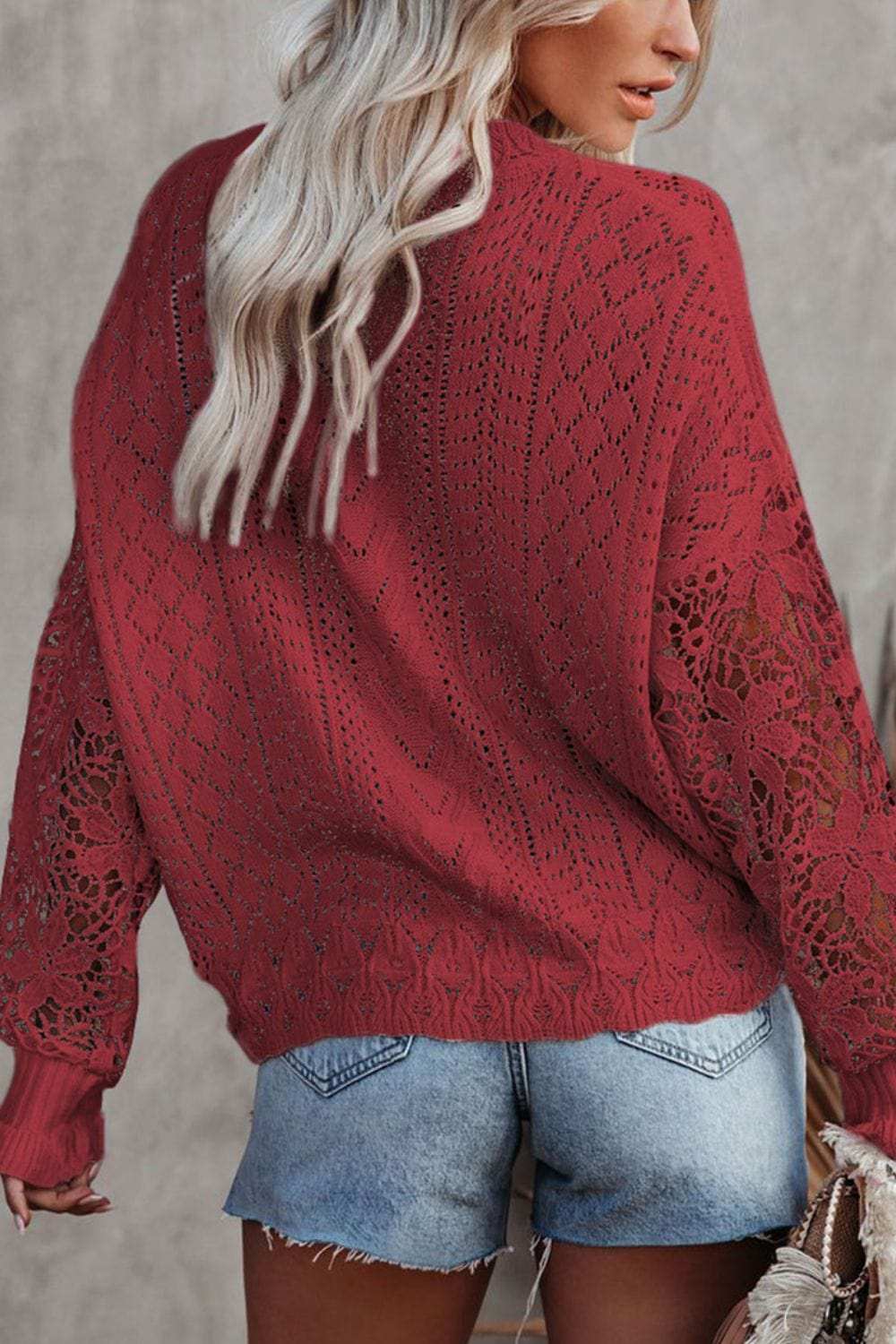 Openwork Round Neck Long Sleeve Sweater - Trendsi - Flyclothing LLC