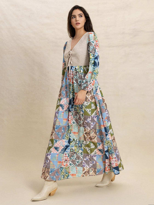 Tied Front Printed Long Sleeve Maxi Dress - Trendsi - Flyclothing LLC