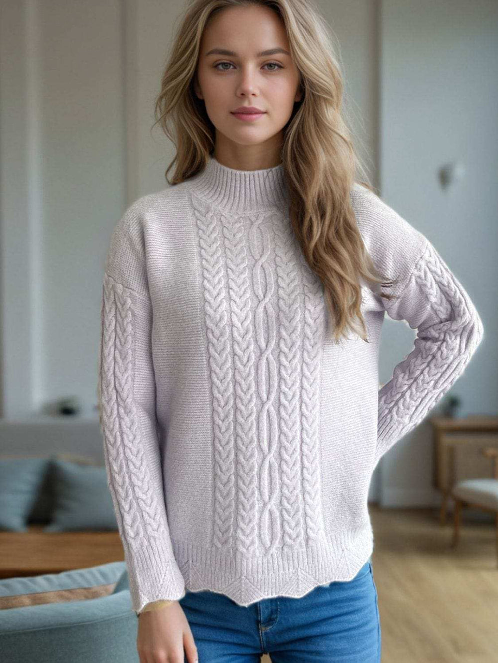 Cable-Knit Mock Neck Dropped Shoulder Sweater - Trendsi - Flyclothing LLC
