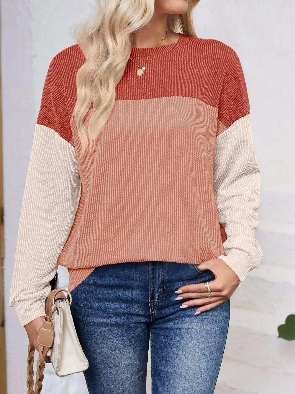 Color Block Round Neck Long Sleeve Sweatshirt - Trendsi - Flyclothing LLC
