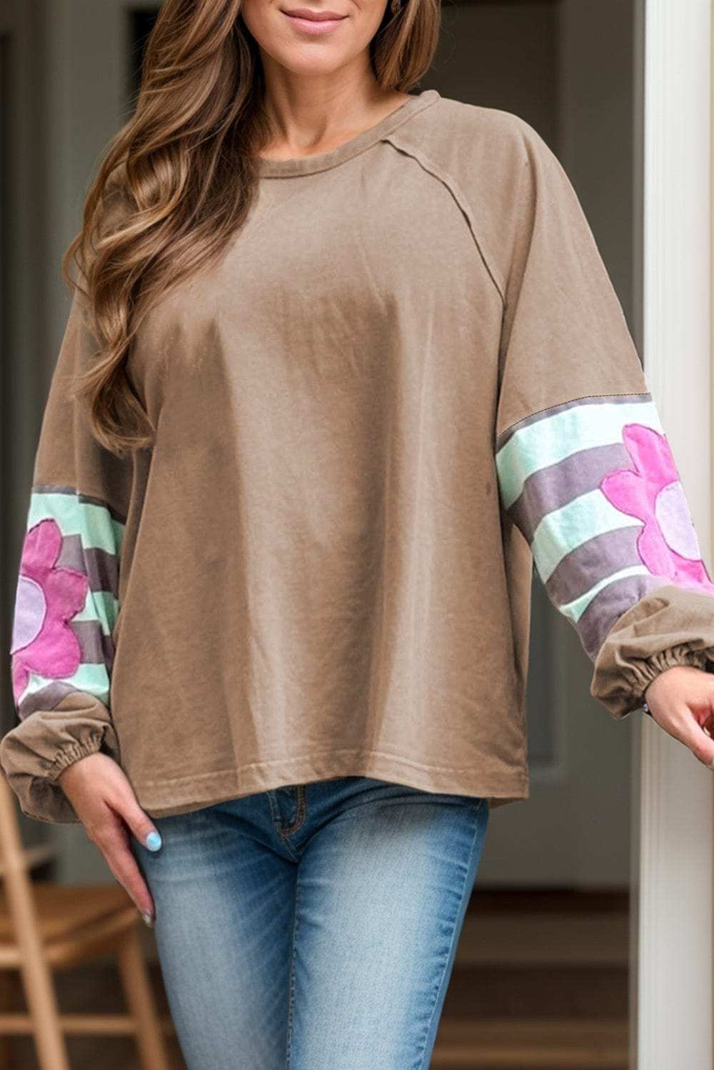 Plus Size Flower Round Neck Long Sleeve Blouse - Trendsi - Flyclothing LLC