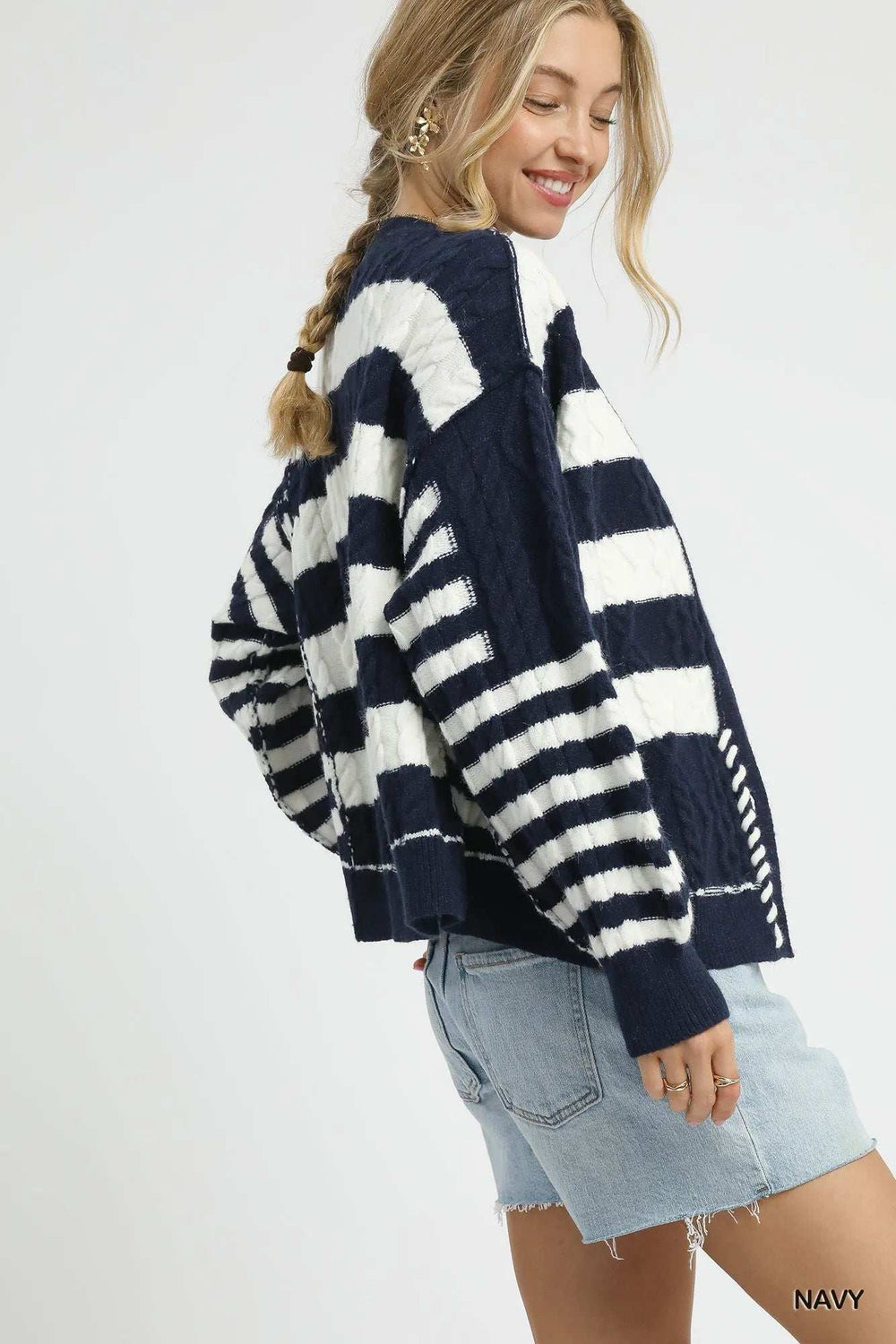 Umgee Cable-Knit Stripe Button-Up Cardigan - Trendsi - Flyclothing LLC