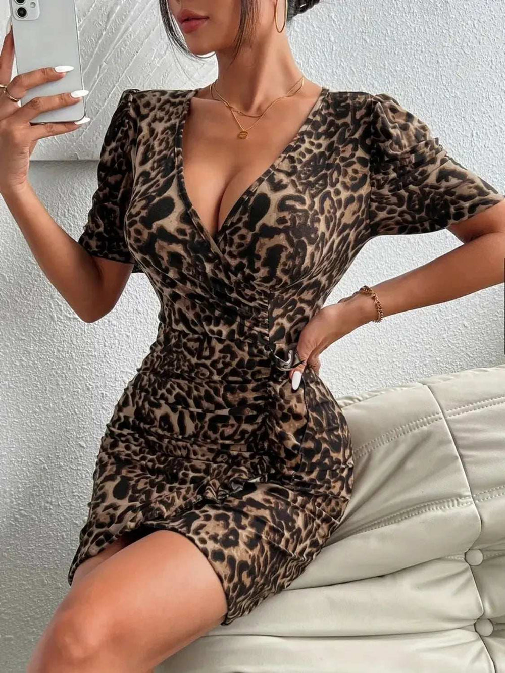 Ruffled Leopard Short Sleeve Mini Dress - Trendsi - Flyclothing LLC