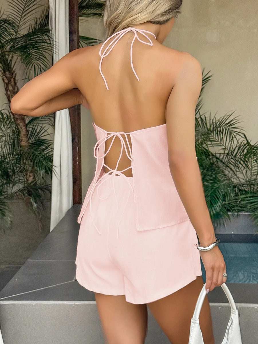 Tied Front Halter Neck Cami and Shorts Set - Trendsi - Flyclothing LLC