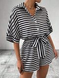 Tie Waist Half Button Striped Romper - Trendsi - Flyclothing LLC