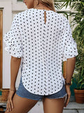 Slit Polka Dot Round Neck Half Sleeve Blouse - Trendsi - Flyclothing LLC