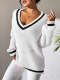 Contrast Trim V-Neck Long Sleeve Sweater - Trendsi - Flyclothing LLC
