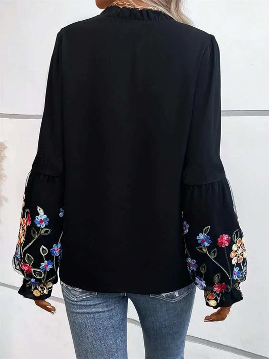 Embroidered Notched Long Sleeve Blouse - Trendsi - Flyclothing LLC