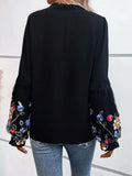 Embroidered Notched Long Sleeve Blouse - Trendsi - Flyclothing LLC