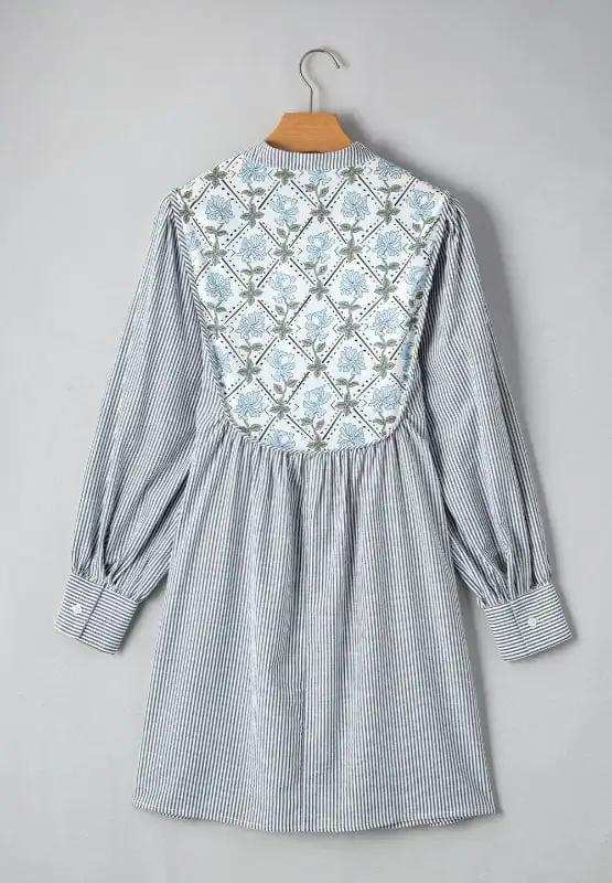 Tied Floral Printed Striped Long Sleeve Dress - Trendsi - Flyclothing LLC