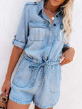 Drawstring Half Button Half Sleeve Denim Romper - Trendsi - Flyclothing LLC