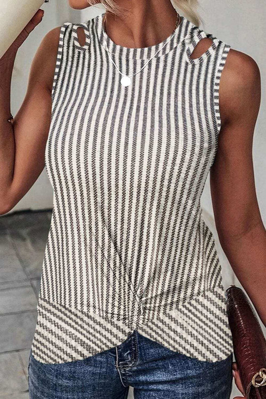 Cutout Striped Round Neck Tank - Trendsi - Flyclothing LLC