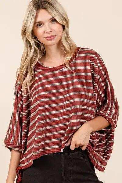 Mittoshop Texture Striped Print Round Neck Dolman Sleeve Top - Trendsi - Flyclothing LLC