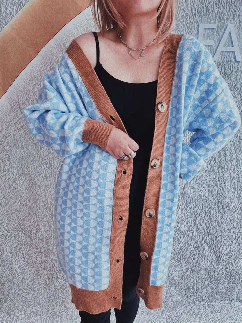 Contrast Trim Geometric Button Down Cardigan - Trendsi - Flyclothing LLC