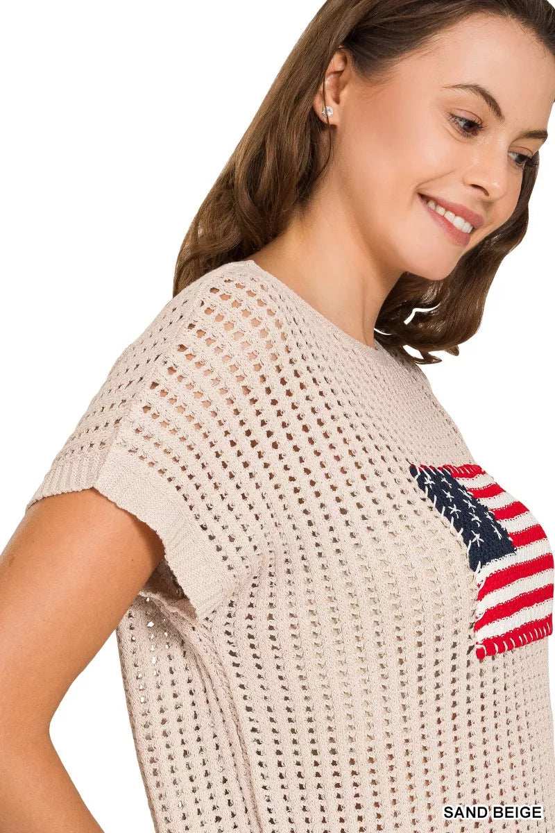 Zenana Viscose American Flag Openwork Knit Top - Trendsi - Flyclothing LLC
