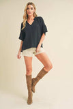 Aemi + Co Side Slit Notched Ruffled Half Sleeve Blouse - Trendsi - Flyclothing LLC